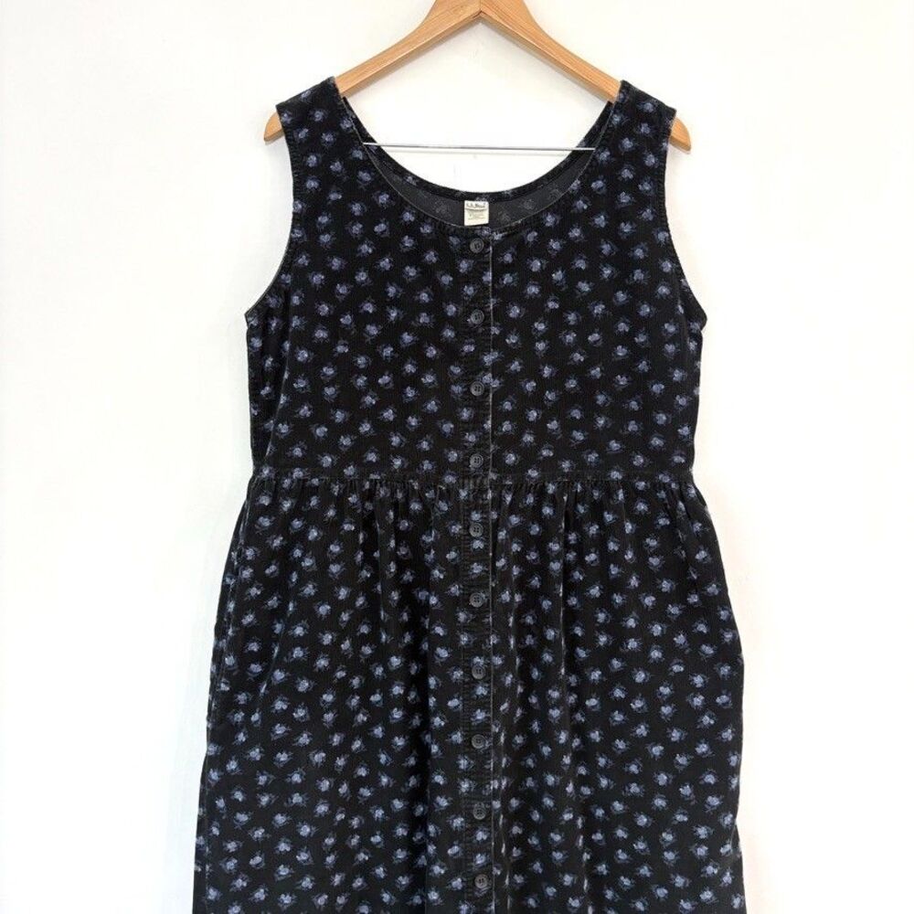 Vintage LL Bean Corduroy Dress Sz 12 Black Floral Button Front Midi Cottagecore - Picture 3 of 10